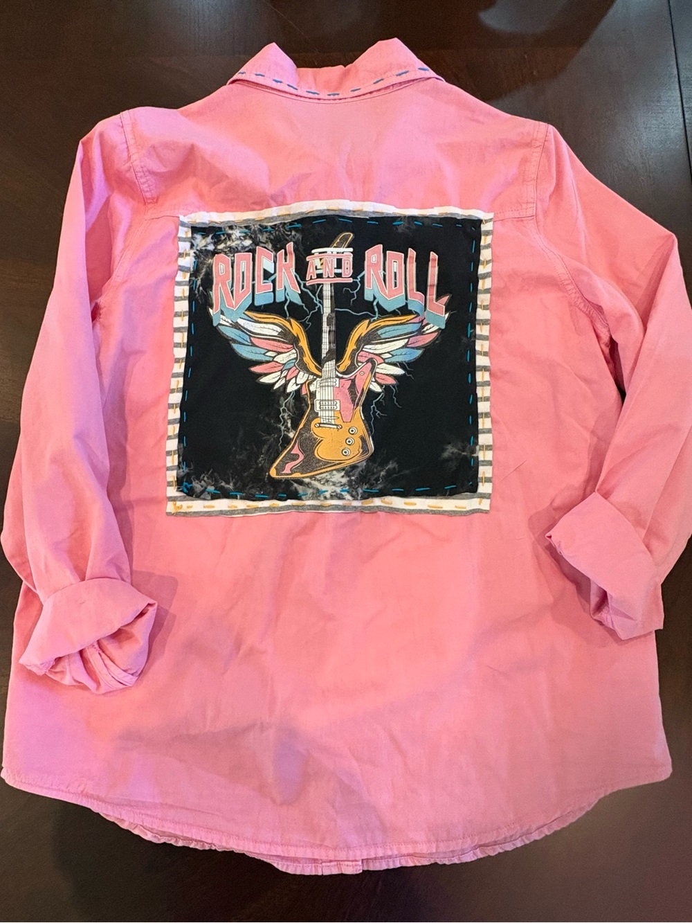 Pink Button-Down Shirt with Rock & Roll Patch